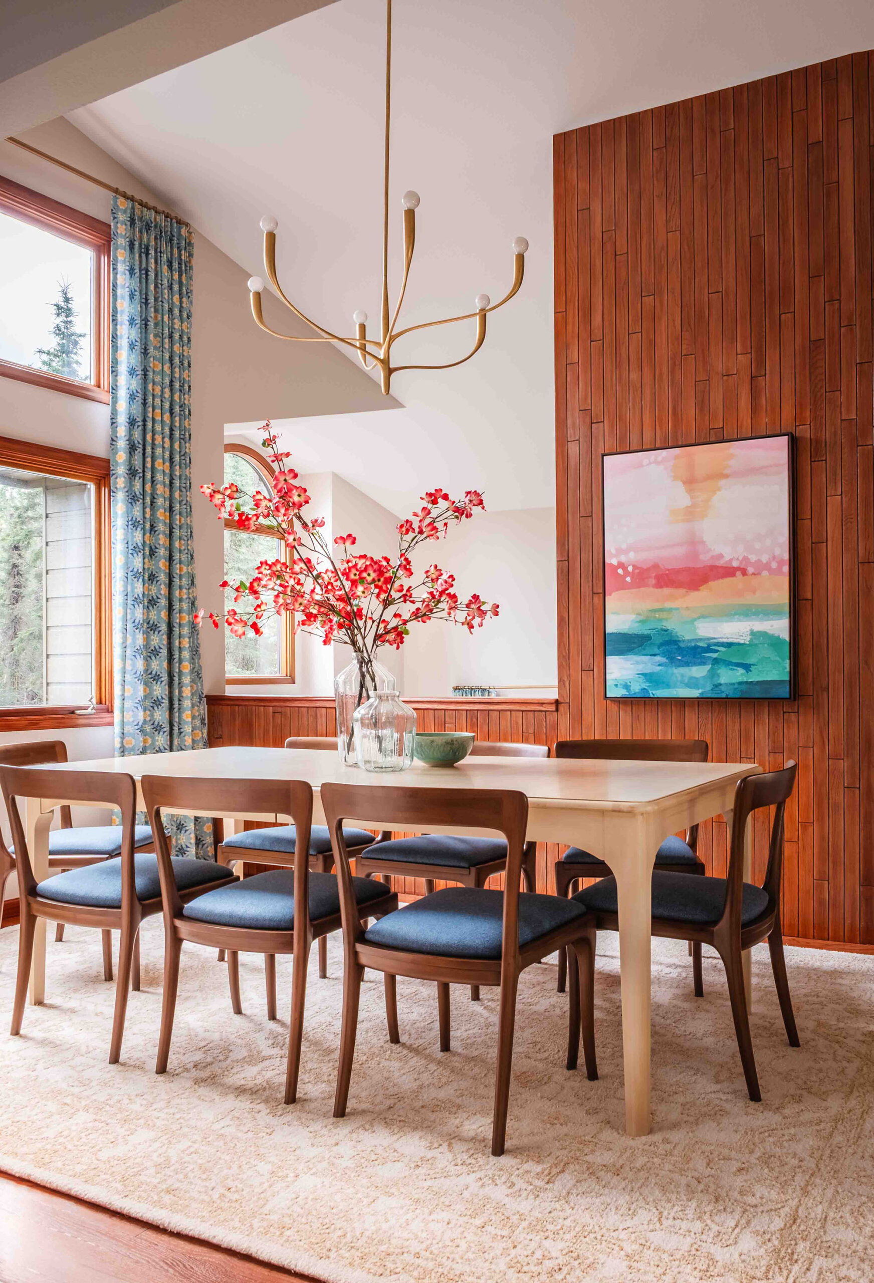 Modern Dining Room with Custom Fabrics, Colorful Artwork, and Co Designed and photographed by Kjerstin Boorstein Interiors, Anchorage, Alaska.